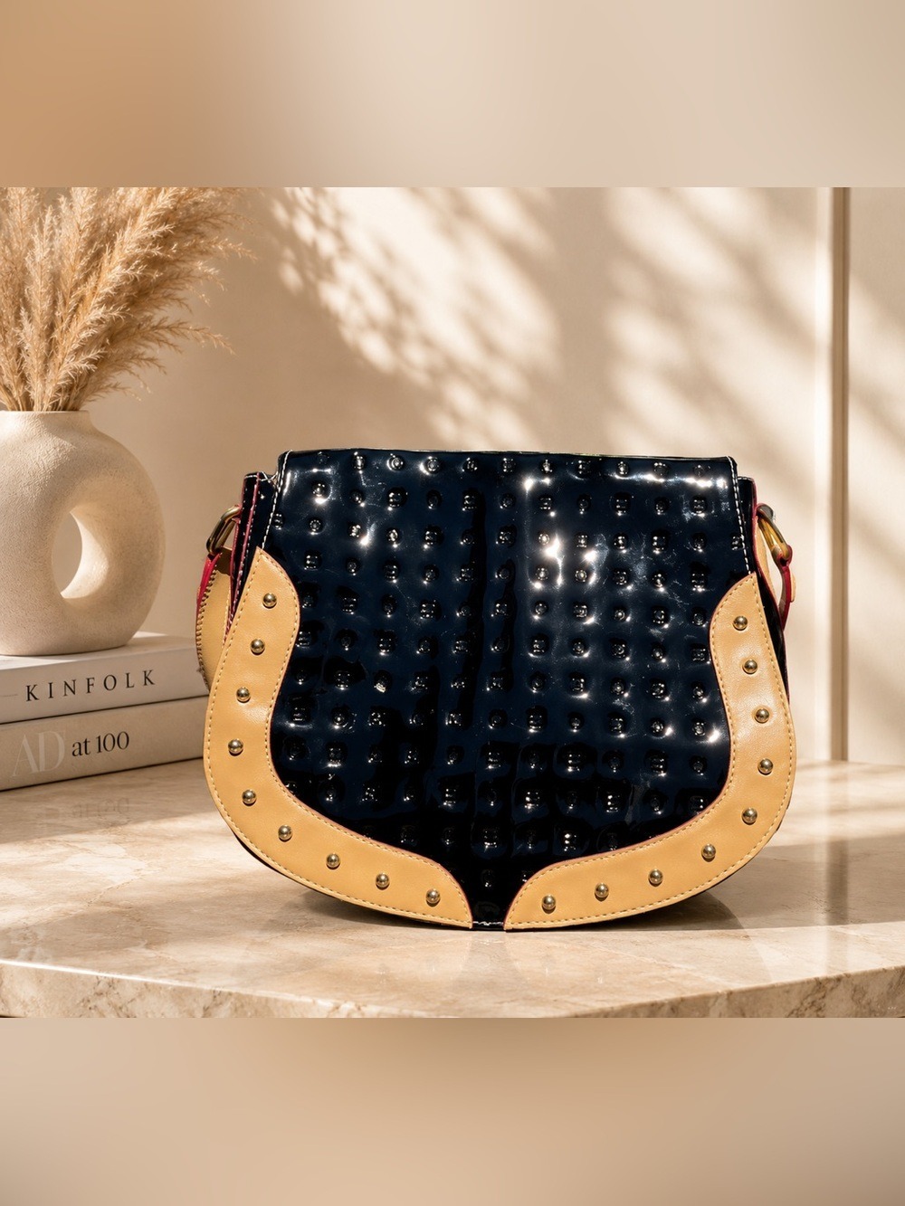 ♠️ Arcadia Made in Italy Patent Leather Crossbody Shoulder Bag • Tan & Black ♠️